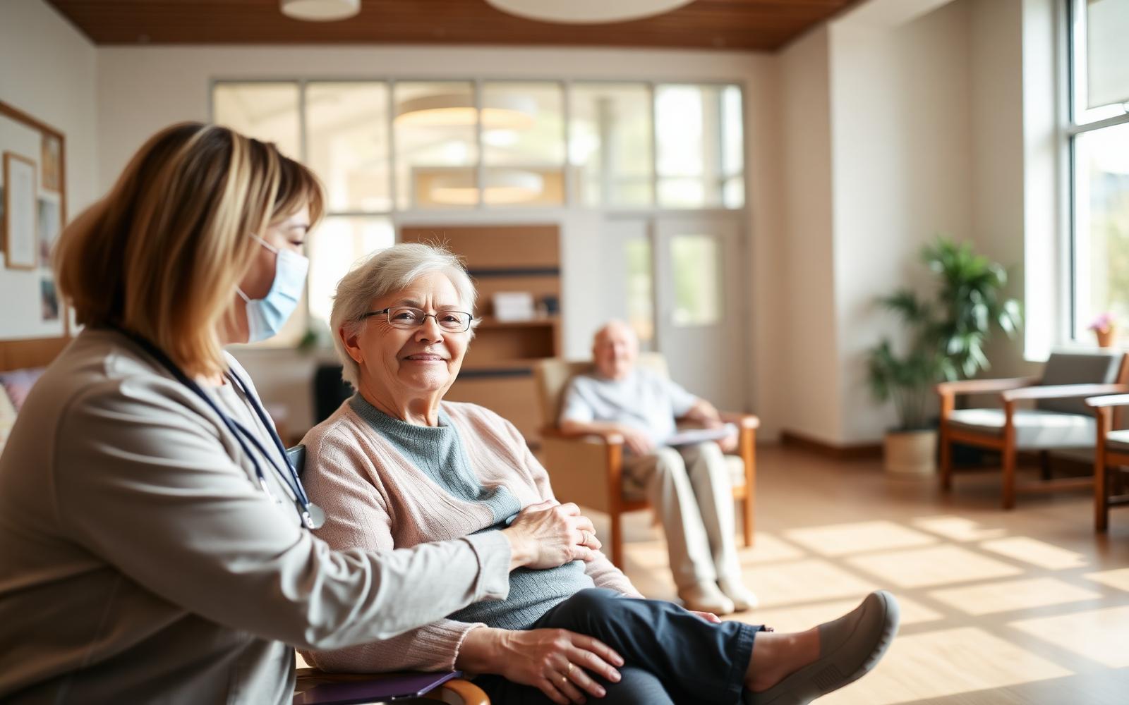 Caregiver assisting an elderly resident in a care home